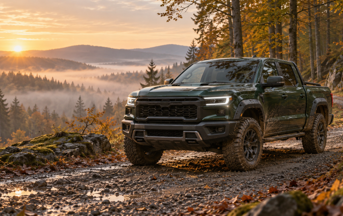 Jelöletlen pickup erdei kavicsos úton napkeltekor, a 2027-es GMC Sierra cikkéhez készült illusztráció