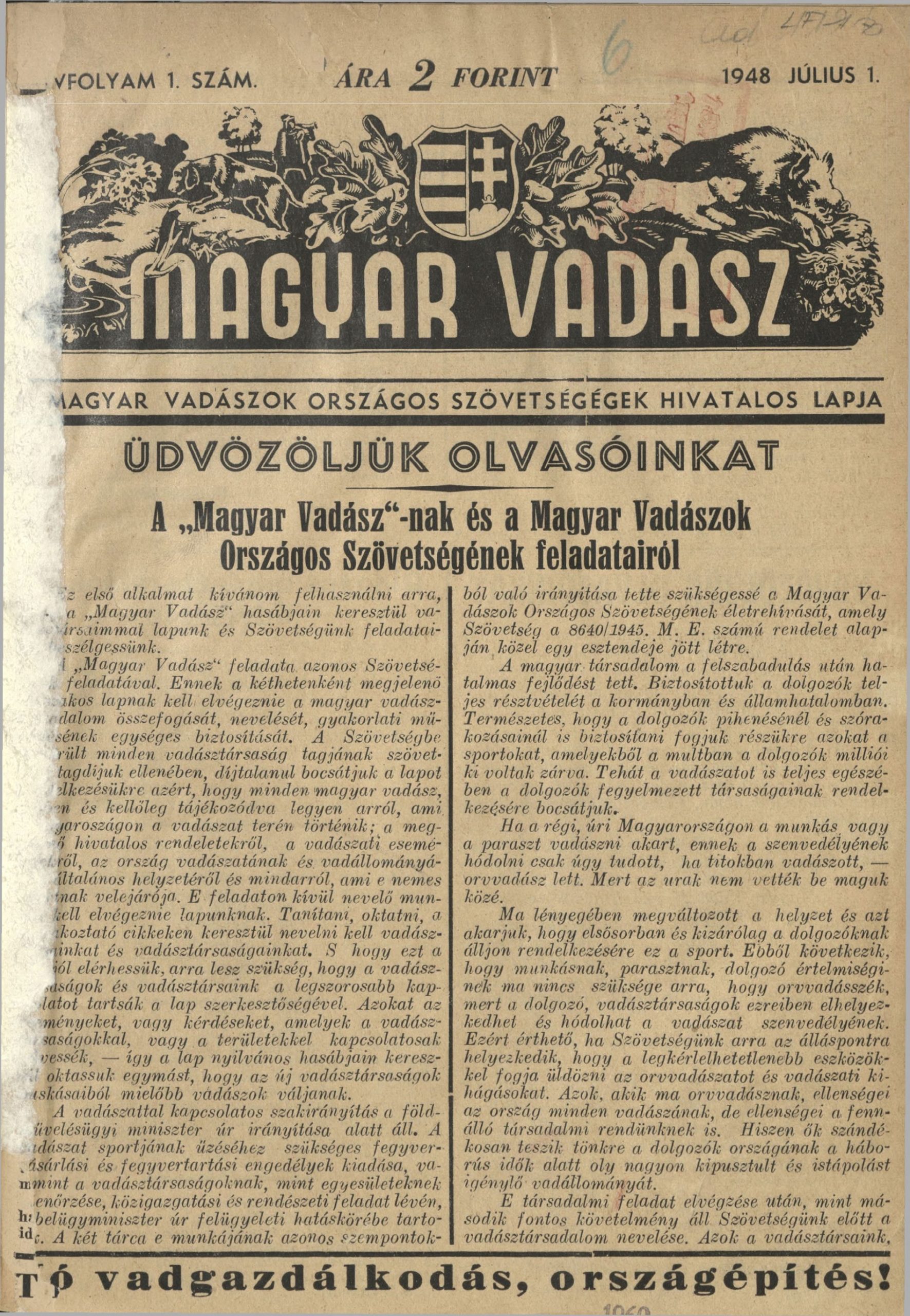 Üdvözöljük olvasóinkat – Magyar Vadász, 1948. július 1., eredeti első oldal