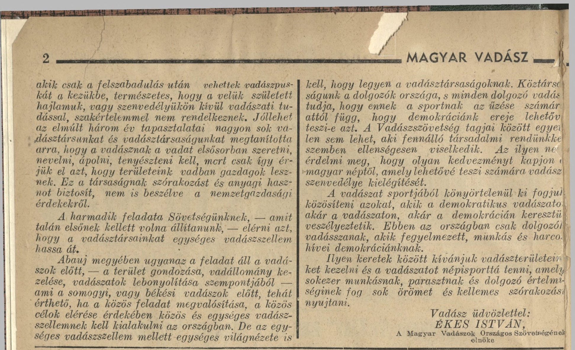 Ékes István cikkének folytatása és aláírása a Magyar Vadász 1948. július 1-jei számának 2. oldalán